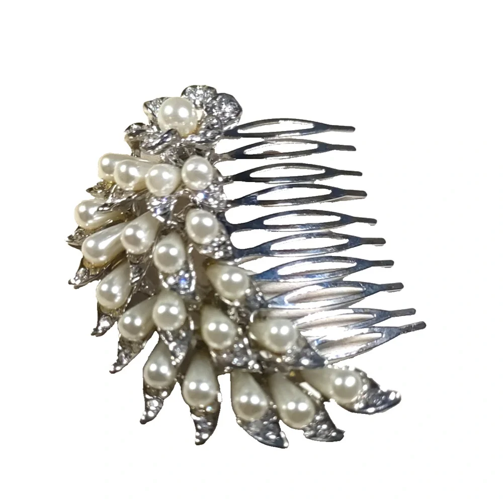 Hair Barrette Comb Silver Tone Faux Pearl Moon Light Serenade